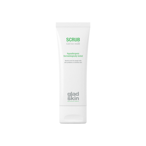 Gladskin Scrub gently removes skin cells, cleans and hydrates sensitive skin
