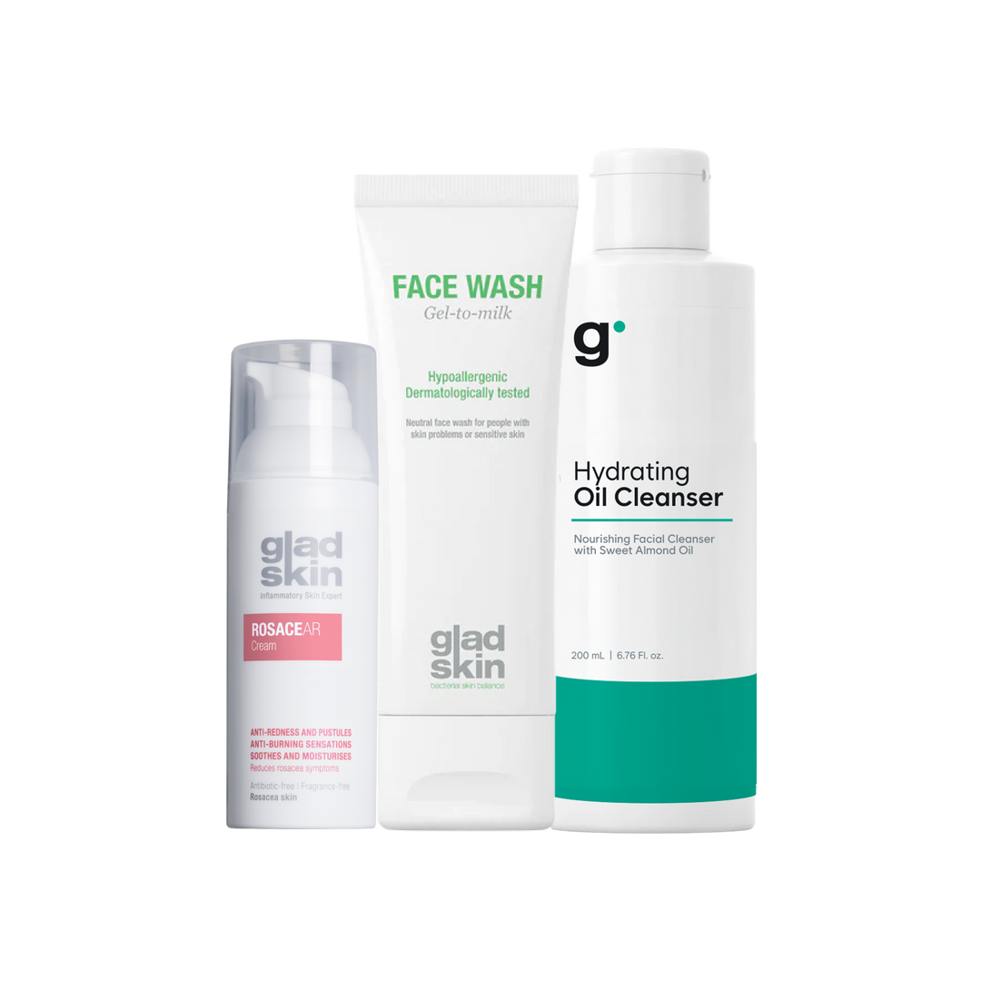 Face Wash, Rosacear Cream, Hydrating Oil Cleanser side by side