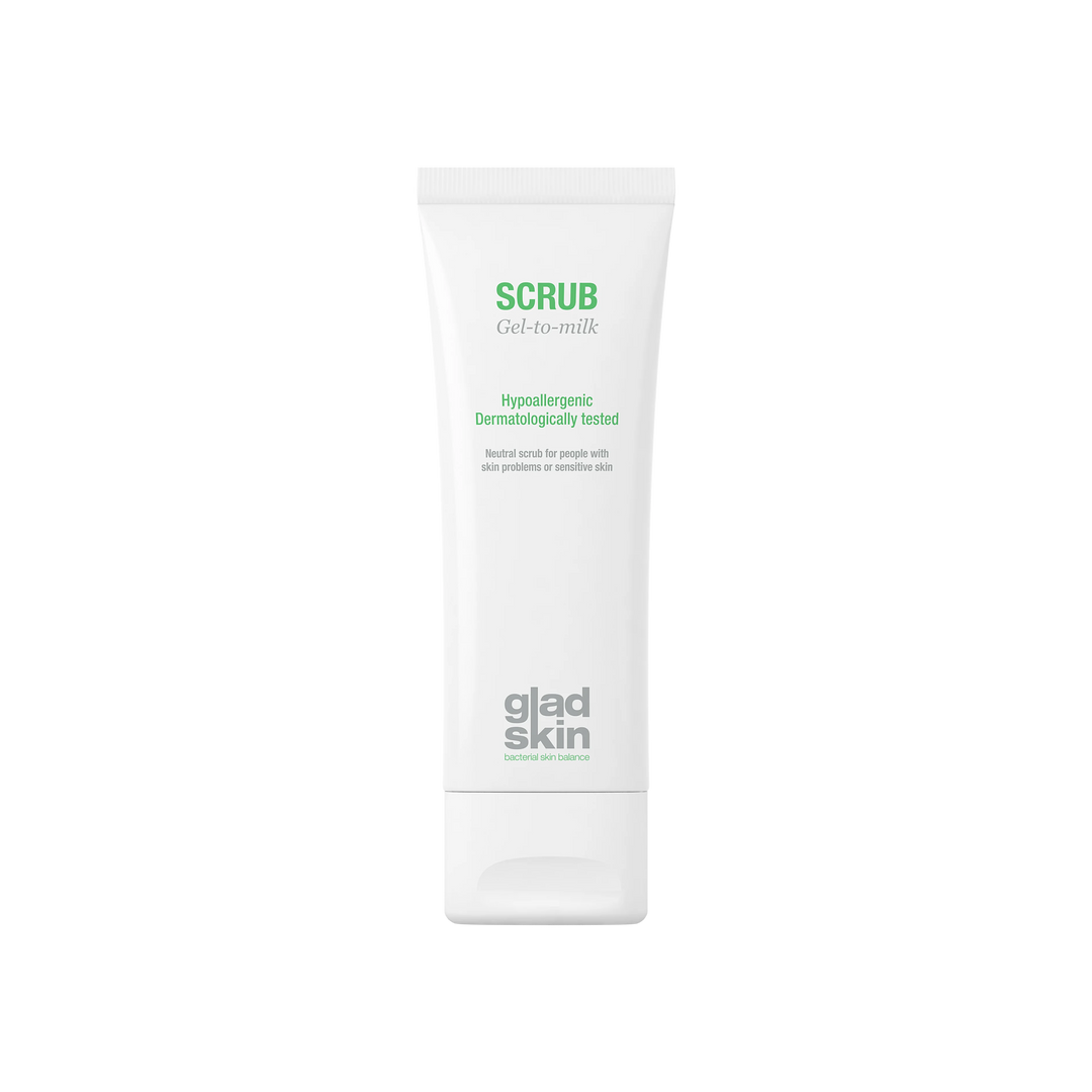Gladskin Scrub gently removes skin cells, cleans and hydrates sensitive skin